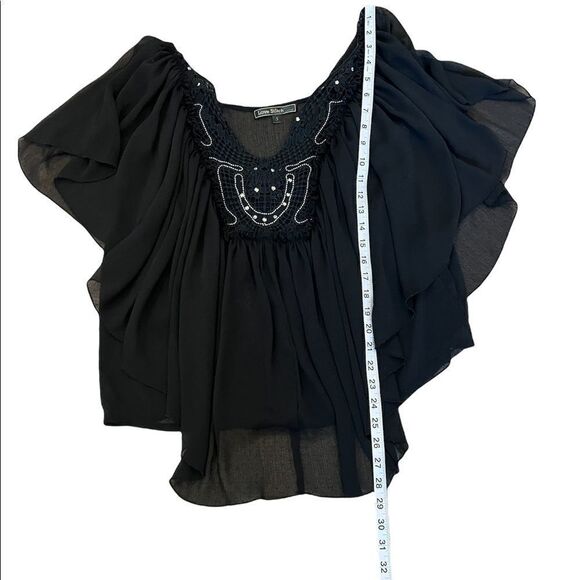 LOVE STITCH Black Flowy Embellished Deep Ab Flutter Sleeve Loose Fit Top S - Picture 6 of 8